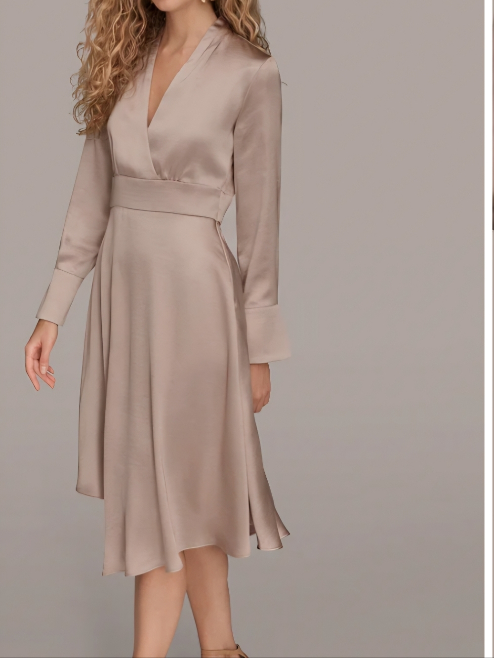 Donna Karan Dress Elegant V-Neck Satin Midi Dress in Nude - Picture 6 of 6